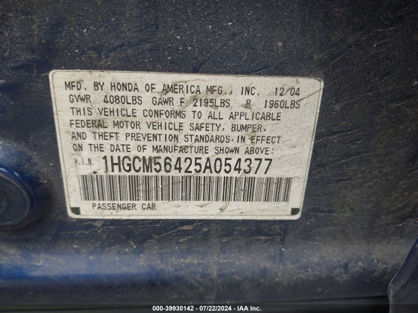 1HGCM56425A054377 | 2005 HONDA ACCORD