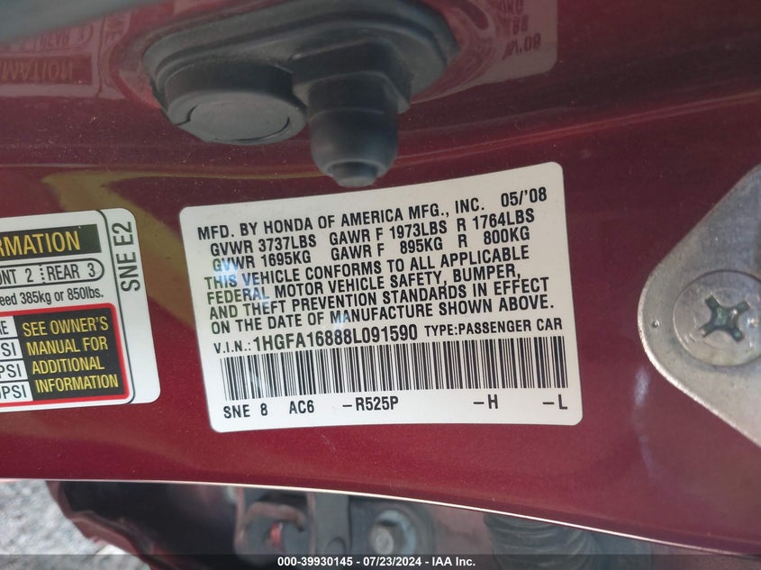2008 Honda Civic Ex VIN: 1HGFA16888L091590 Lot: 39930145
