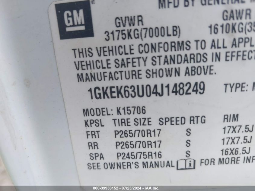 2004 GMC Yukon Denali VIN: 1GKEK63U04J148249 Lot: 39930152