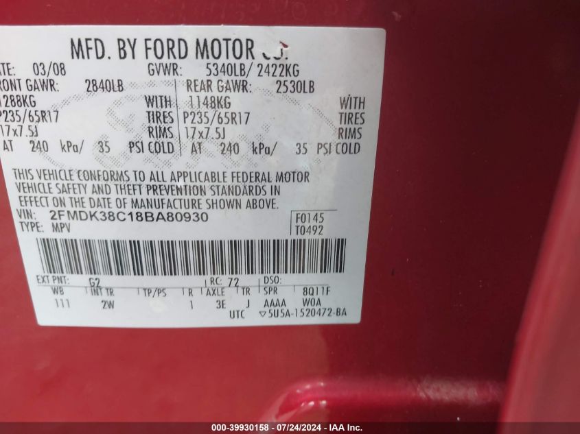 2008 Ford Edge Sel VIN: 2FMDK38C18BA80930 Lot: 39930158