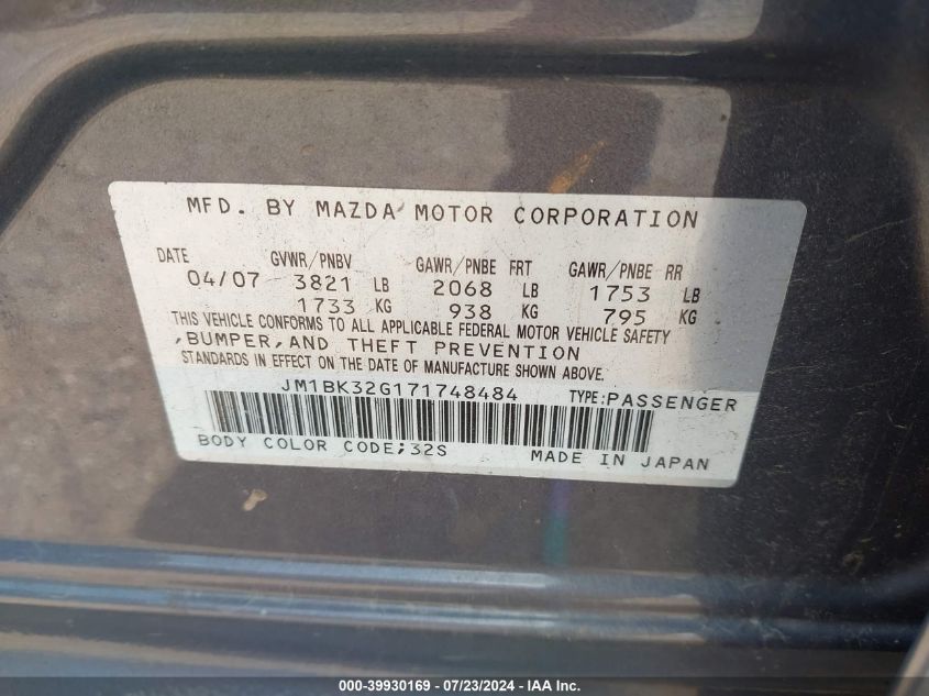 2007 Mazda Mazda3 I VIN: JM1BK32G171748484 Lot: 39930169