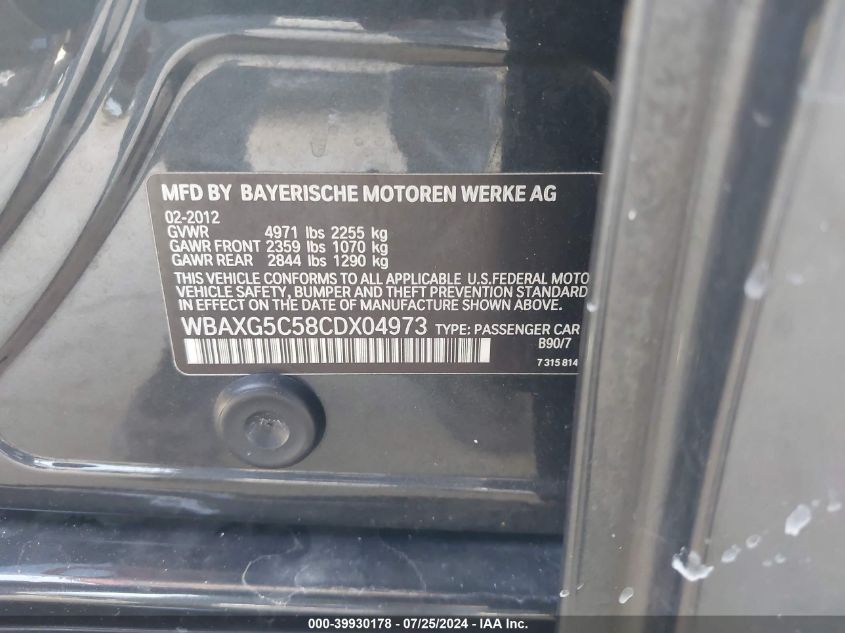 2012 BMW 528I VIN: WBAXG5C58CDX04973 Lot: 39930178