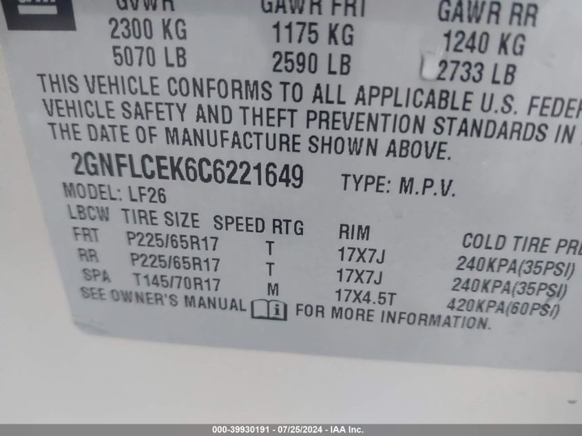 2012 Chevrolet Equinox Ls VIN: 2GNFLCEK6C6221649 Lot: 39930191