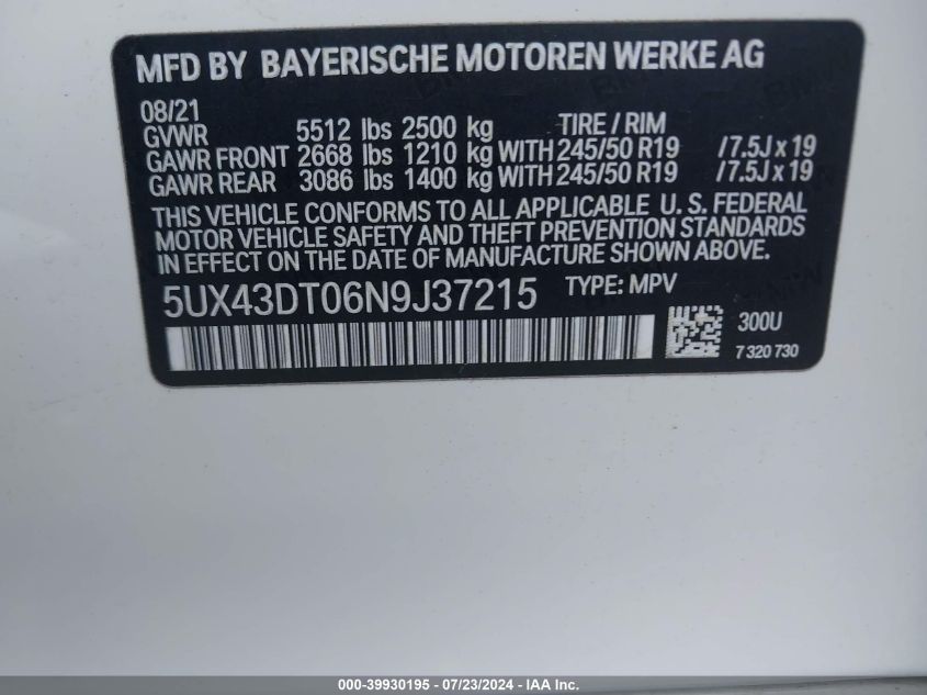 5UX43DT06N9J37215 2022 BMW X4 M40I