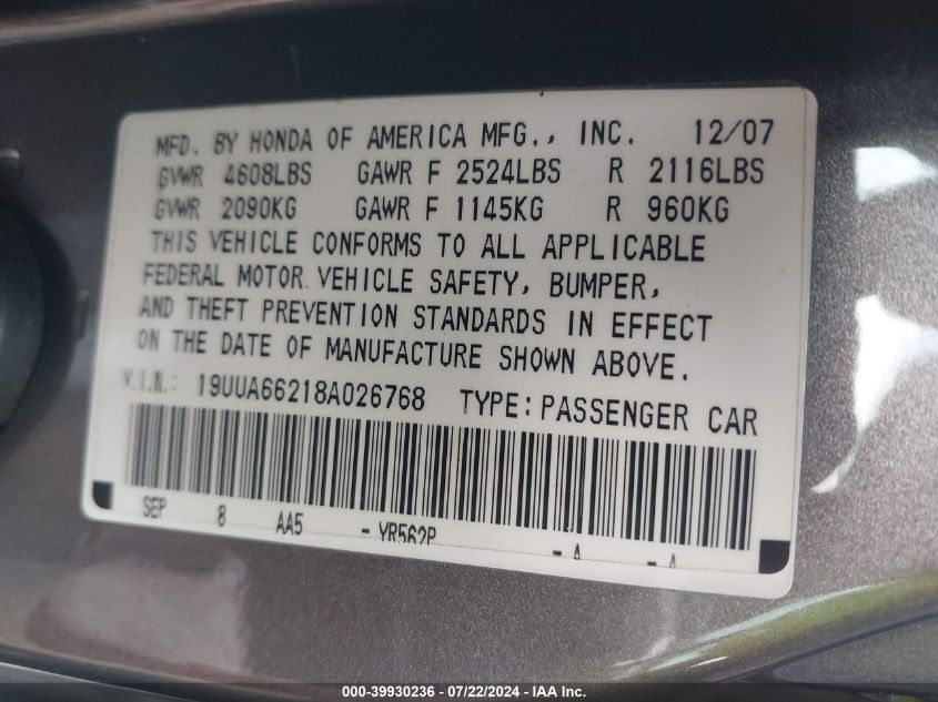 19UUA66218A026768 2008 Acura Tl 3.2