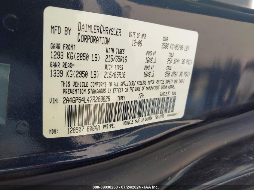 2007 Chrysler Town & Country Touring VIN: 2A4GP54L47R209828 Lot: 39930260