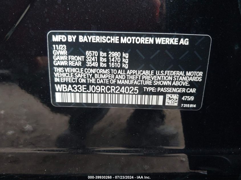 2024 BMW 760 I xDrive VIN: WBA33EJ09RCR24025 Lot: 39930268