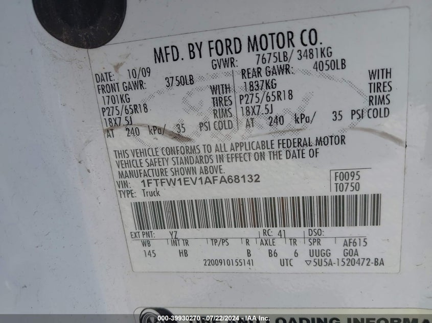 2010 Ford F-150 Fx4/Harley-Davidson/King Ranch/Lariat/Platinum/Xl/Xlt VIN: 1FTFW1EV1AFA68132 Lot: 39930270