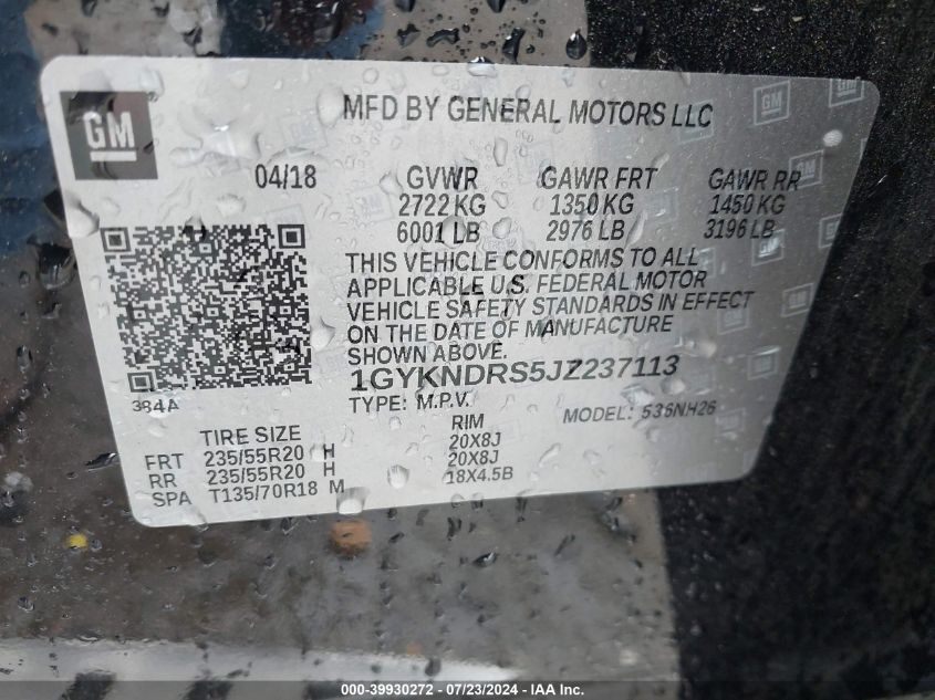 2018 Cadillac Xt5 Luxury VIN: 1GYKNDRS5JZ237113 Lot: 39930272