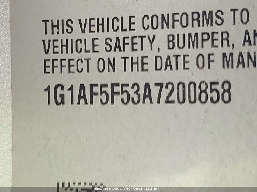 2010 Chevrolet Cobalt 2Lt VIN: 1G1AF5F53A7200858 Lot: 39930285