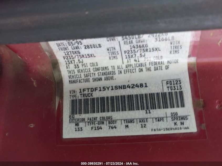 1995 Ford F150 VIN: 1FTDF15Y1SNB42481 Lot: 39930291