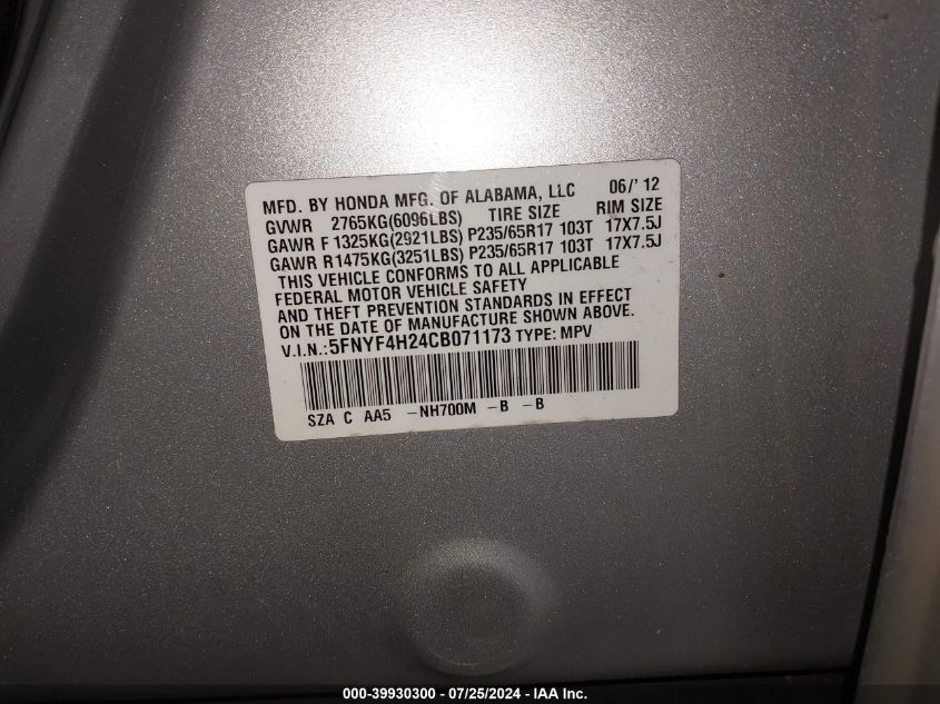 2012 Honda Pilot Lx VIN: 5FNYF4H24CB071173 Lot: 39930300