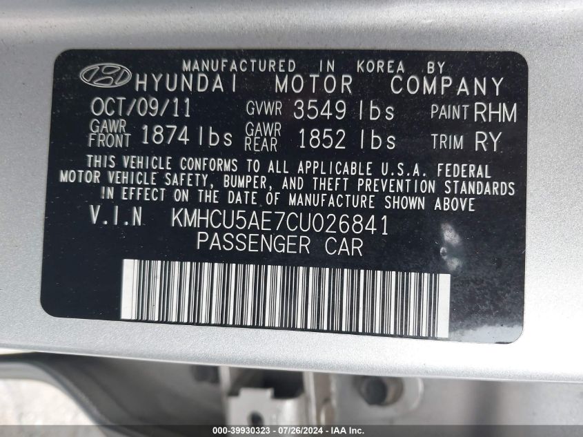 2012 Hyundai Accent Se VIN: KMHCU5AE7CU026841 Lot: 39930323