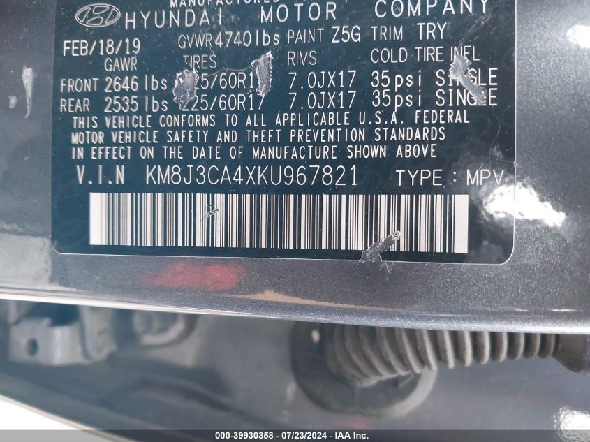 2019 Hyundai Tucson Limited/Sel/Sport/Ultimat VIN: KM8J3CA4XKU967821 Lot: 39930358