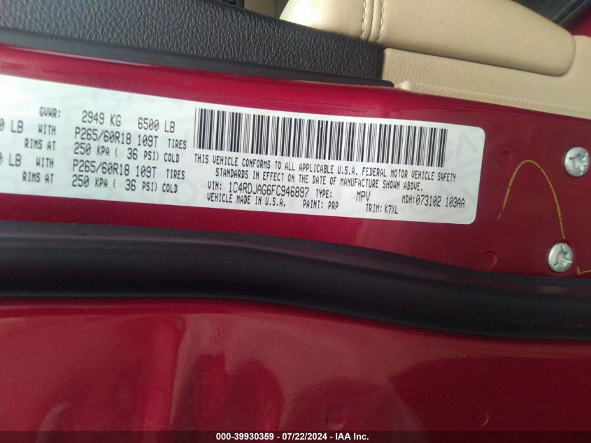 2015 Dodge Durango Sxt VIN: 1C4RDJAG6FC946897 Lot: 39930359