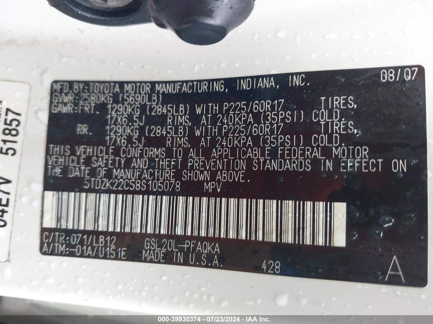 2008 Toyota Sienna Xle/Xle Limited VIN: 5TDZK22C58S105078 Lot: 39930374