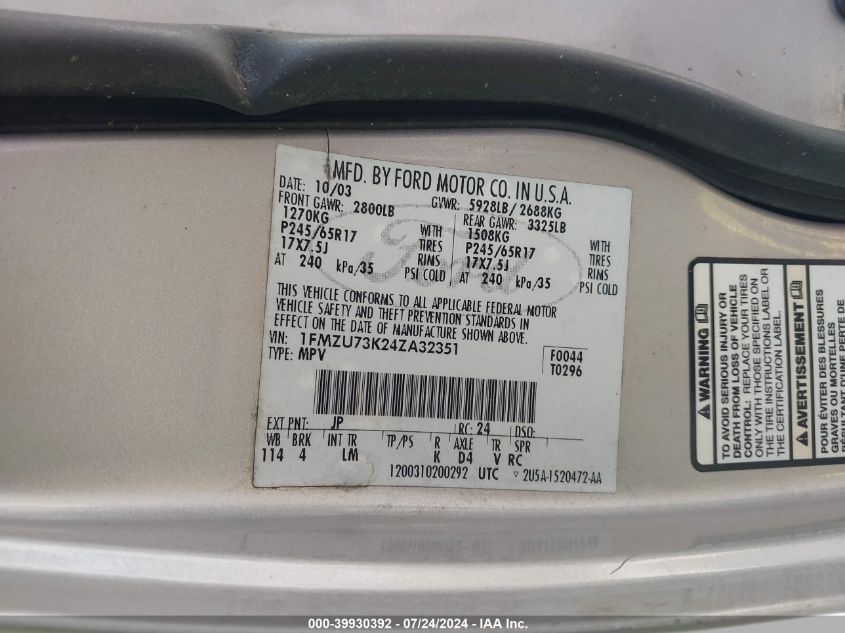 2004 Ford Explorer Nbx/Xlt VIN: 1FMZU73K24ZA32351 Lot: 39930392