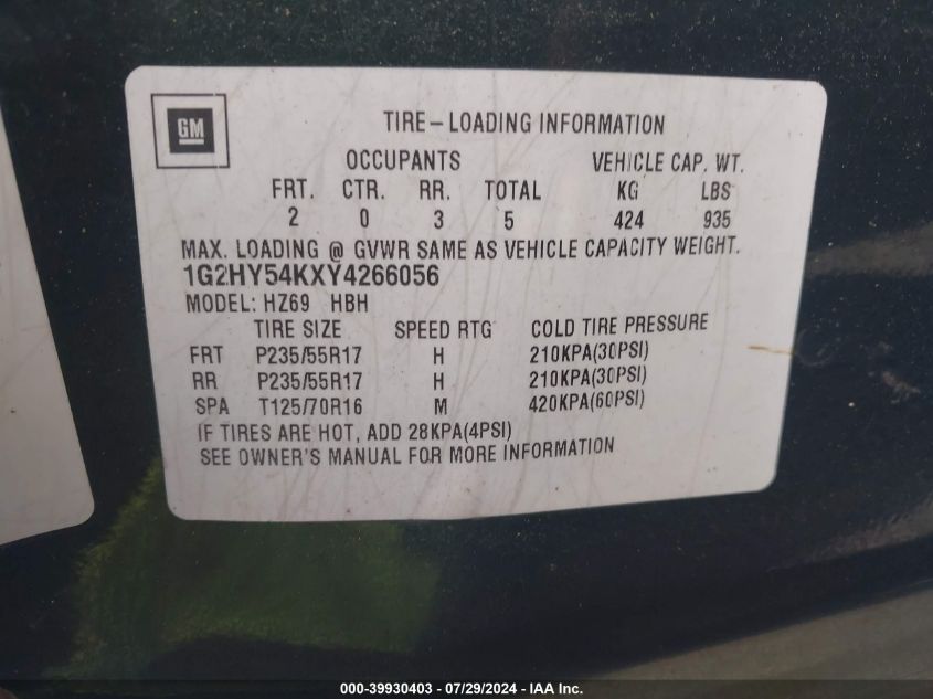 2000 Pontiac Bonneville Sle VIN: 1G2HY54KXY4266056 Lot: 39930403