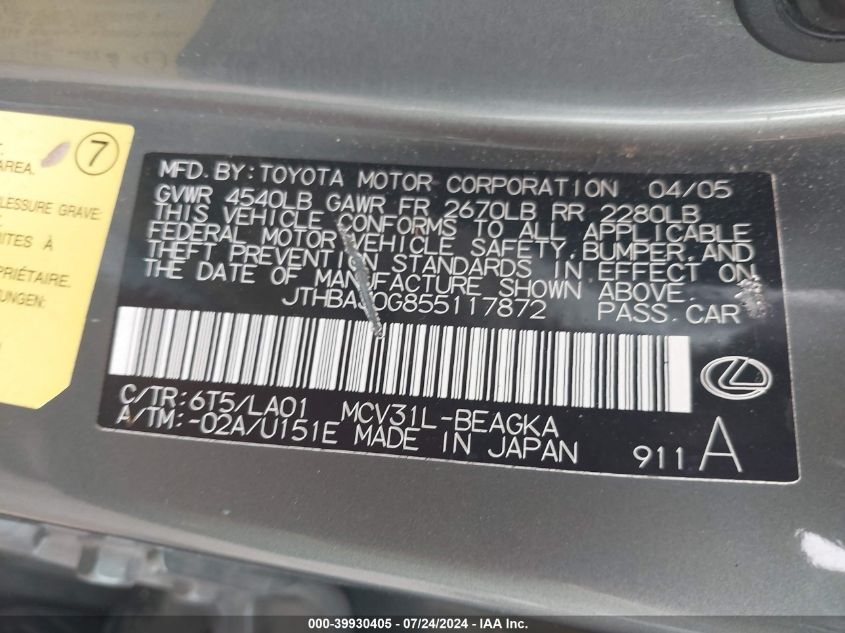 2005 Lexus Es 330 VIN: JTHBA30G855117872 Lot: 39930405