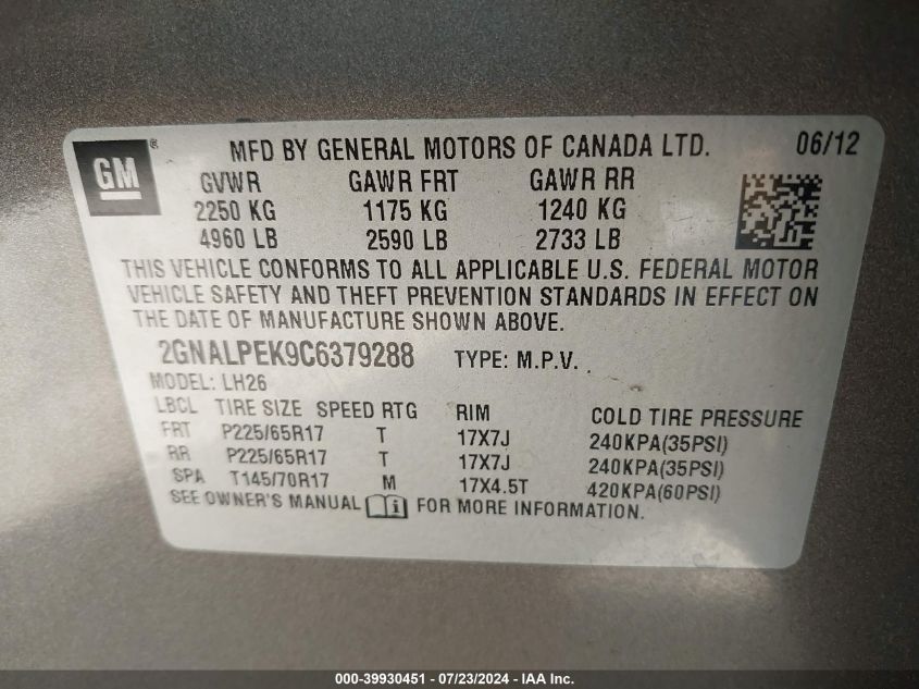 2012 Chevrolet Equinox 2Lt VIN: 2GNALPEK9C6379288 Lot: 39930451