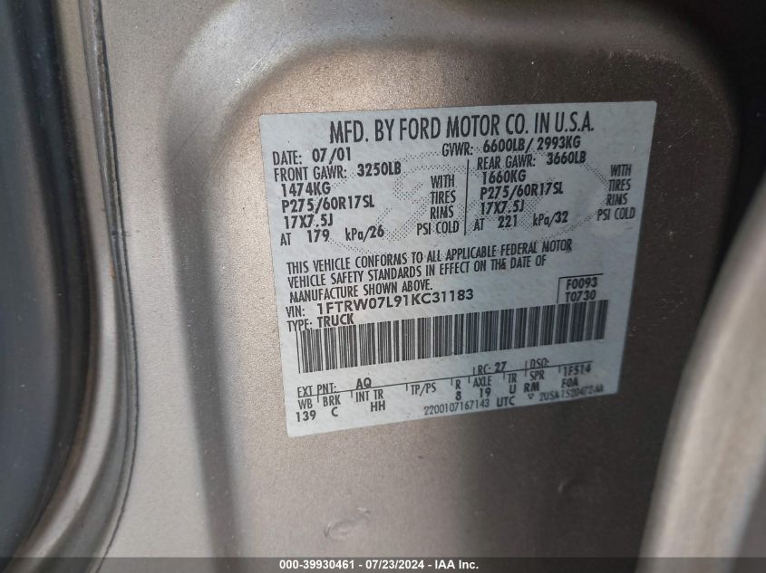 2001 Ford F-150 Harley-Davidson Edition/King Ranch Edition/Lariat/Xlt VIN: 1FTRW07L91KC31183 Lot: 39930461