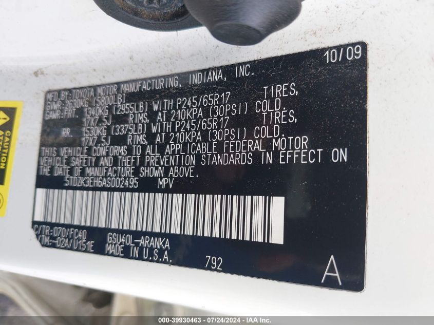 2010 Toyota Highlander Base V6 VIN: 5TDZK3EH6AS002495 Lot: 39930463