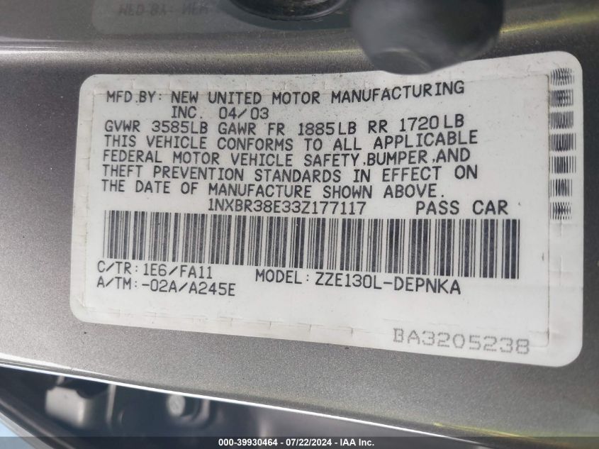 2003 Toyota Corolla Le VIN: 1NXBR38E33Z177117 Lot: 39930464