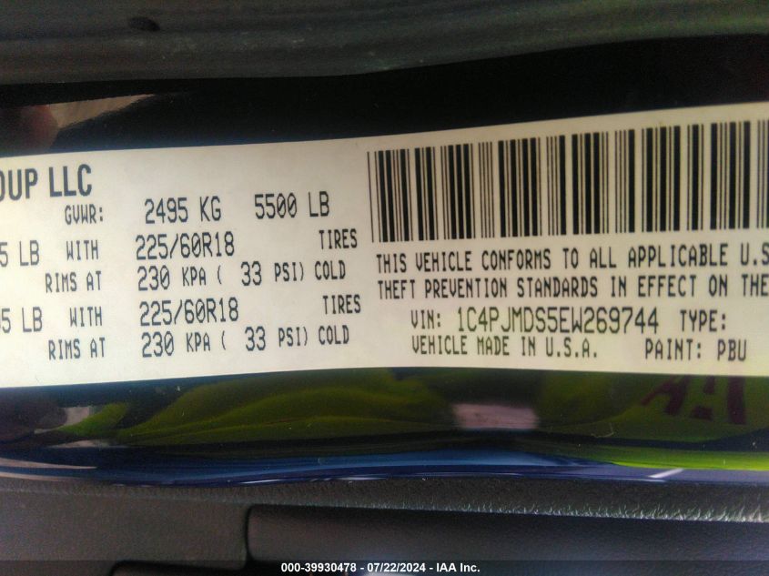2014 Jeep Cherokee Limited VIN: 1C4PJMDS5EW269744 Lot: 39930478