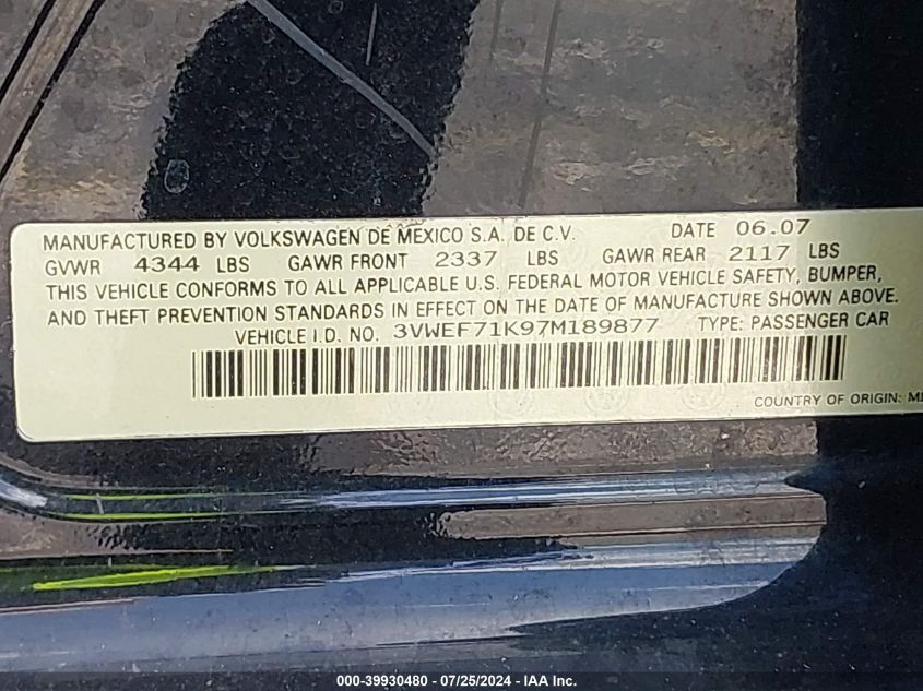 2007 Volkswagen Jetta Wolfsburg VIN: 3VWEF71K97M189877 Lot: 39930480