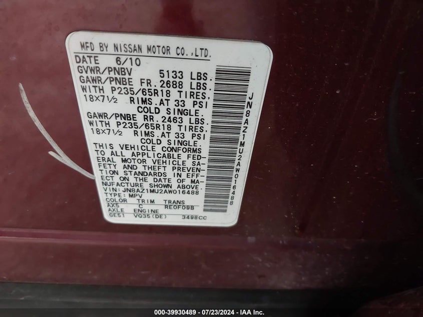 2010 Nissan Murano Sl VIN: JN8AZ1MU2AW016488 Lot: 39930489