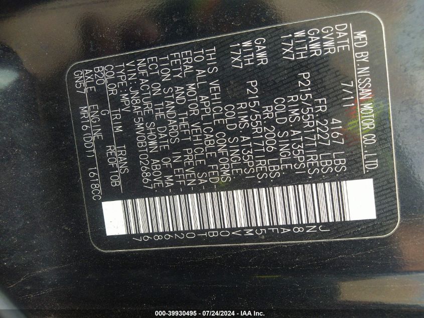 2011 Nissan Juke S/Sv/Sl VIN: JN8AF5MV0BT026867 Lot: 39930495