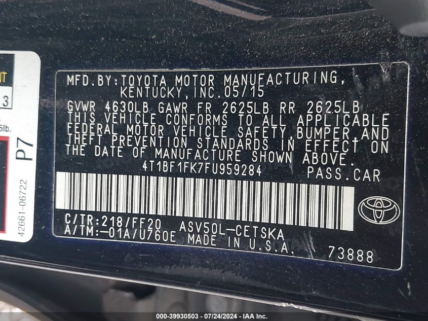 4T1BF1FK7FU959284 | 2015 TOYOTA CAMRY