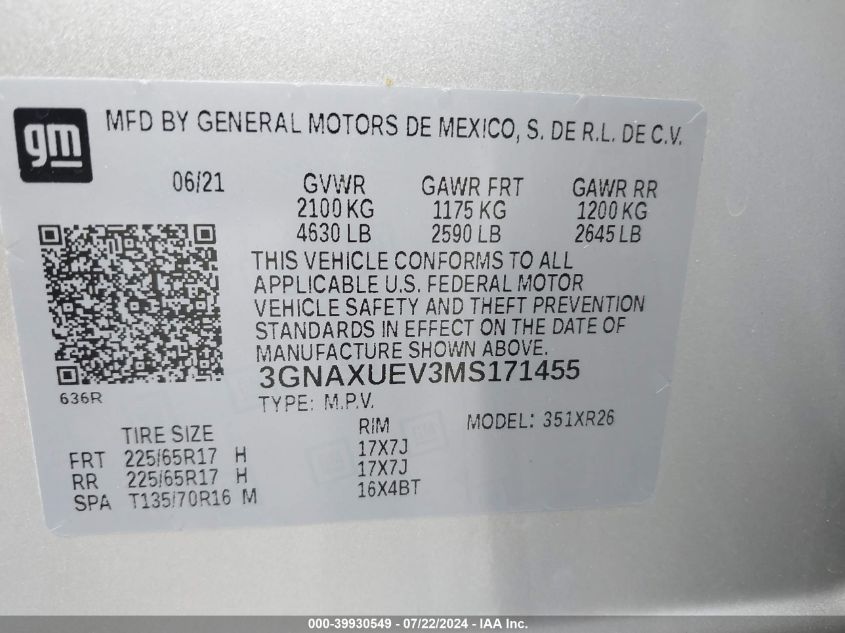 2021 Chevrolet Equinox Awd Lt VIN: 3GNAXUEV3MS171455 Lot: 39930549