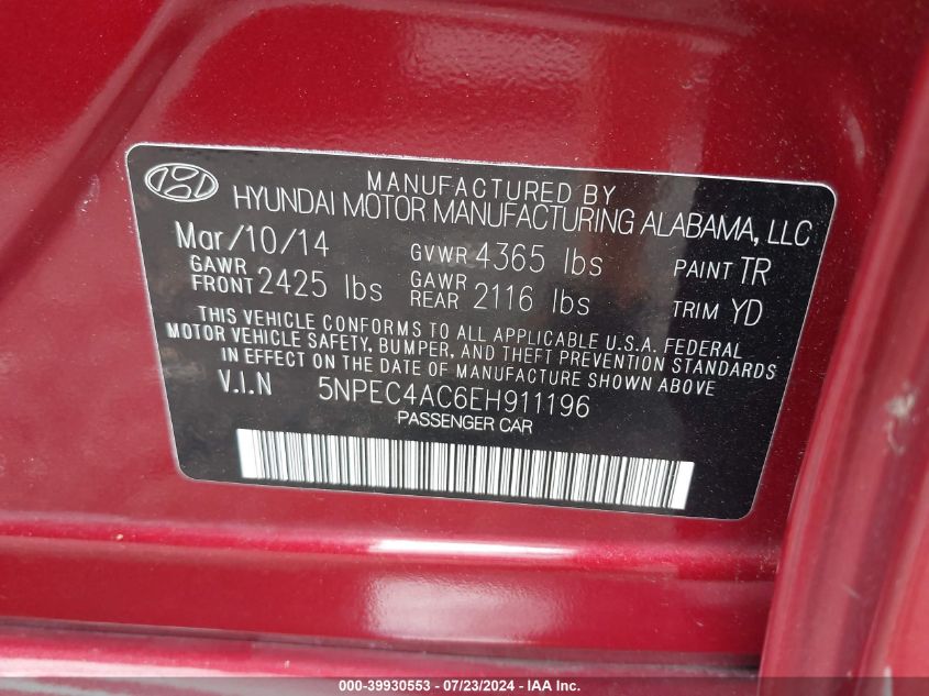 5NPEC4AC6EH911196 2014 Hyundai Sonata Limited