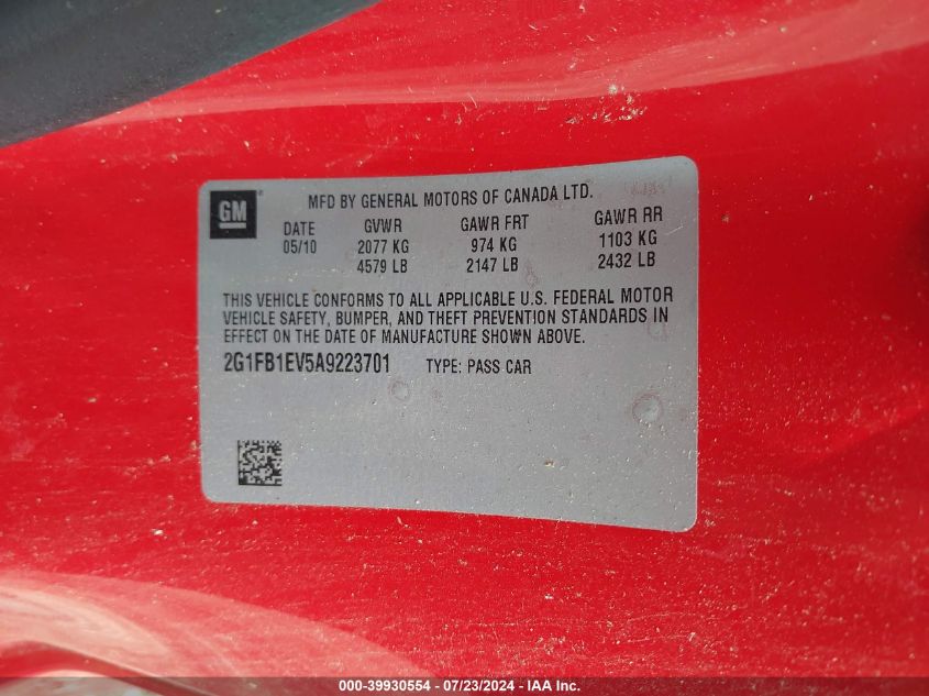 2010 Chevrolet Camaro 1Lt VIN: 2G1FB1EV5A9223701 Lot: 39930554