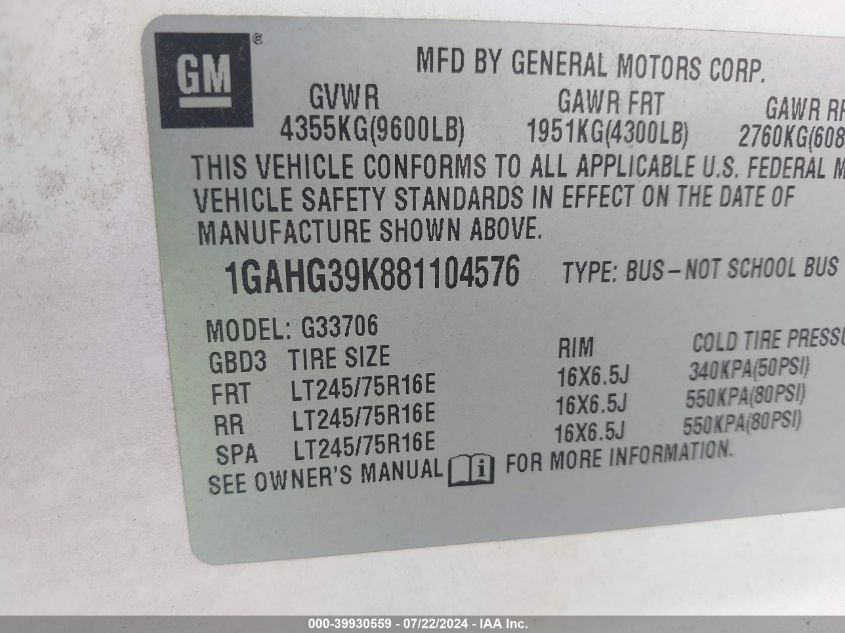 2008 Chevrolet Express Ls VIN: 1GAHG39K881104576 Lot: 39930559