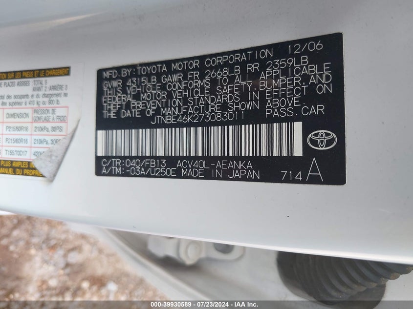 2007 Toyota Camry Ce/Le/Xle/Se VIN: JTNBE46K273083011 Lot: 39930589