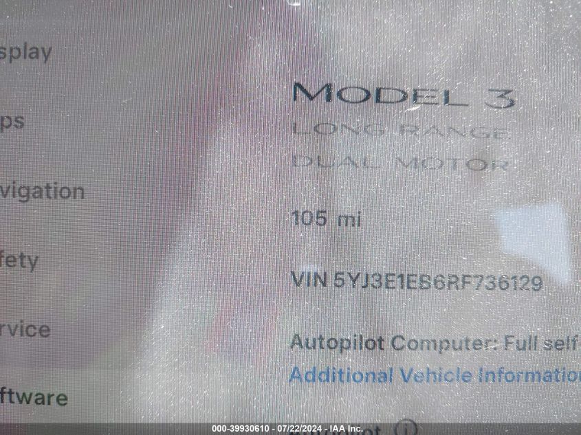 2024 Tesla Model 3 Long Range Dual Motor All-Wheel Drive VIN: 5YJ3E1EB6RF736129 Lot: 39930610