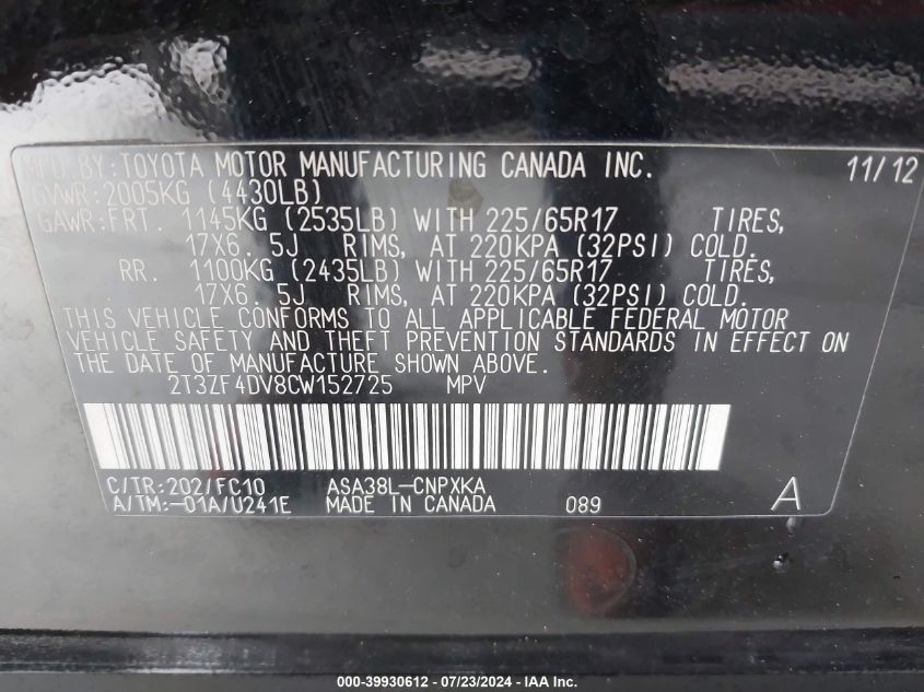 2012 Toyota Rav4 VIN: 2T3ZF4DV8CW152725 Lot: 39930612