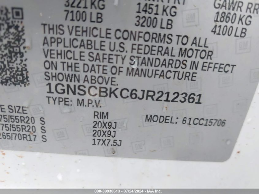 2018 Chevrolet Tahoe C1500 Lt VIN: 1GNSCBKC6JR212361 Lot: 39930613