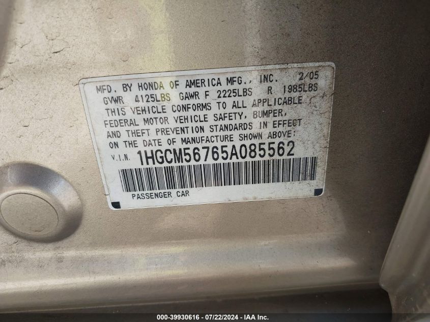 2005 Honda Accord 2.4 Ex VIN: 1HGCM56765A085562 Lot: 39930616