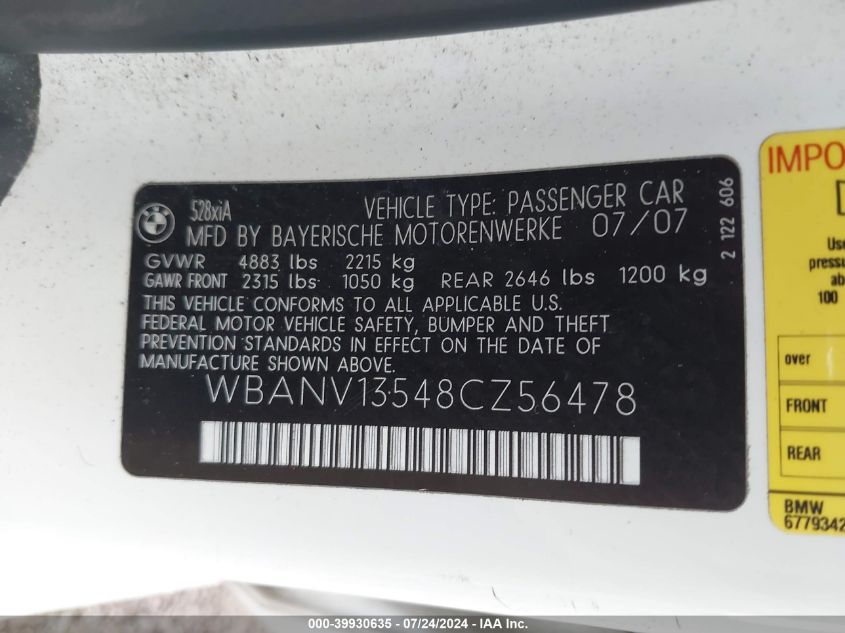 2008 BMW 528 Xi VIN: WBANV13548CZ56478 Lot: 39930635