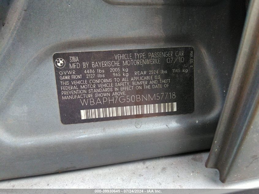 2011 BMW 328I VIN: WBAPH7G50BNM57718 Lot: 39930645