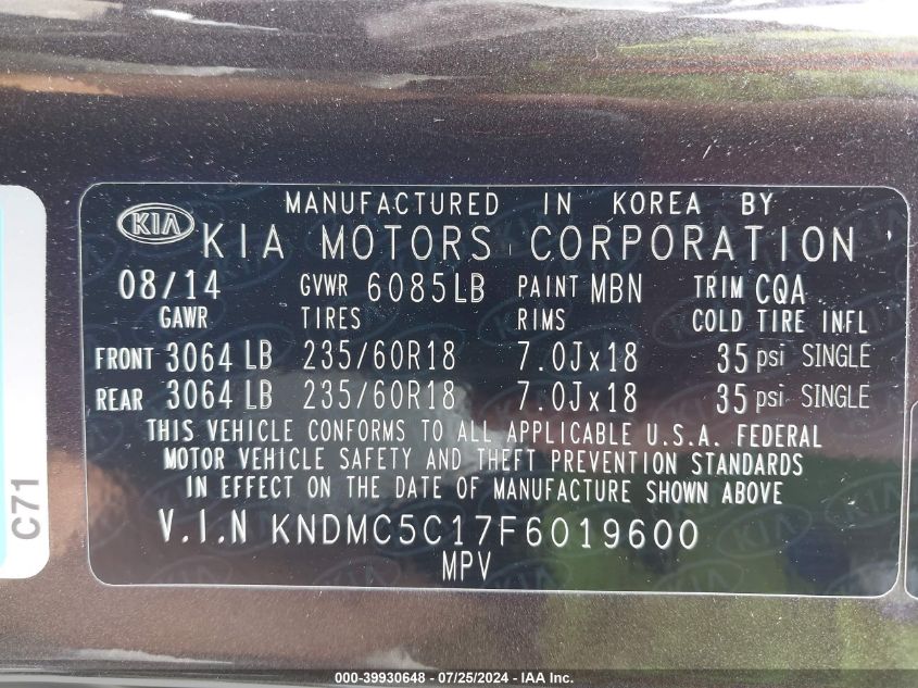 KNDMC5C17F6019600 2015 Kia Sedona Sx