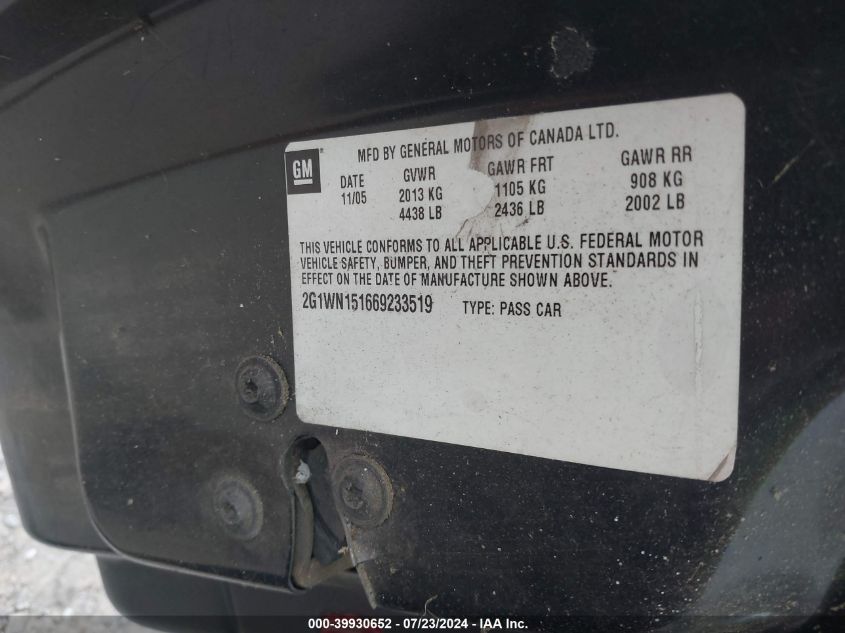 2006 Chevrolet Monte Carlo Ltz VIN: 2G1WN151669233519 Lot: 39930652