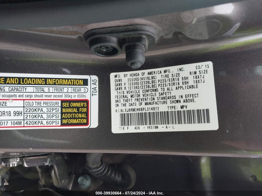 2015 Honda Cr-V Touring VIN: 5J6RM3H96FL014972 Lot: 39930664