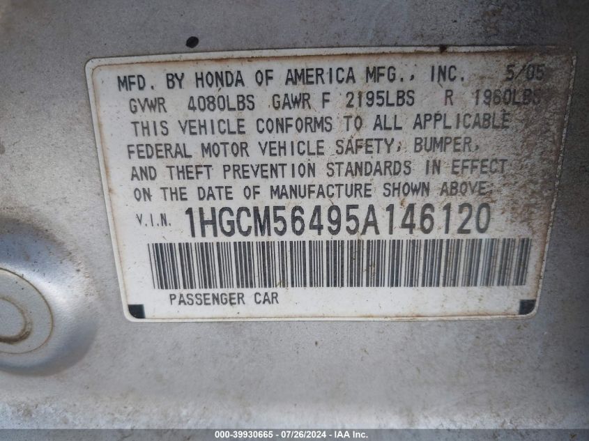 2005 Honda Accord 2.4 Lx VIN: 1HGCM56495A146120 Lot: 39930665