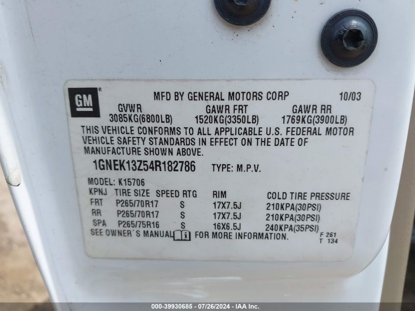 2004 Chevrolet Tahoe Z71 VIN: 1GNEK13Z54R182786 Lot: 39930685