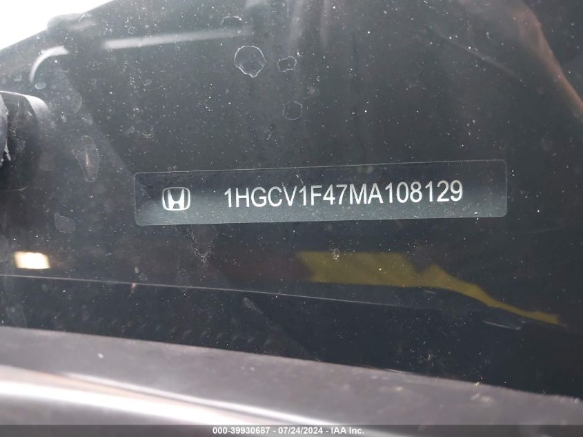 2021 Honda Accord Sport Special Edition VIN: 1HGCV1F47MA108129 Lot: 39930687