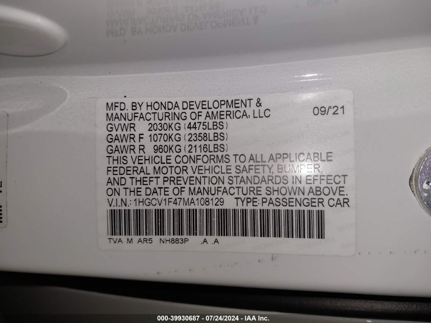 2021 Honda Accord Sport Special Edition VIN: 1HGCV1F47MA108129 Lot: 39930687
